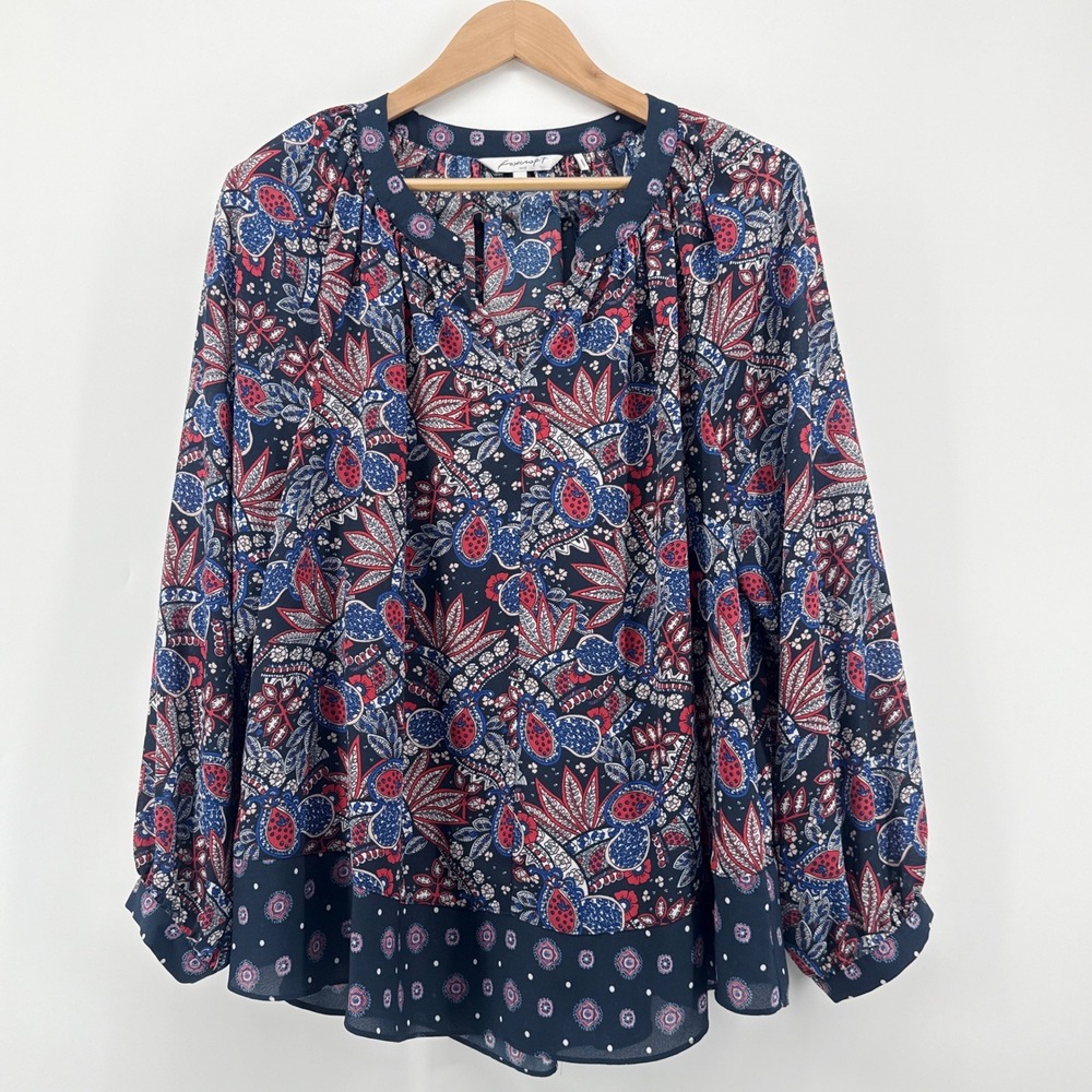 Foxcroft 1X Navy Red Floral Print Long Sleeve V Neck Blouse Womens Career Office